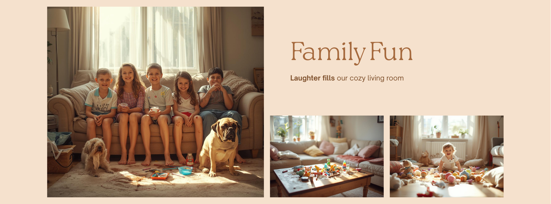 Sofa cleaning Warsaw – messy family couch with kids and a dog, stains visible. Upholstery before cleaning | StainBuster Plamousuwacz